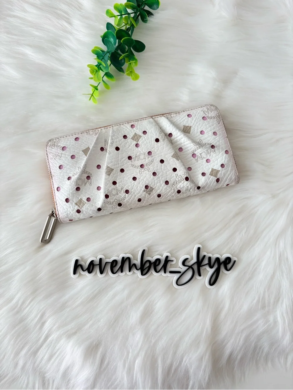 MCM Monogram White Perforated Zip Wallet with Purple Liner. LIMITED EDITION!